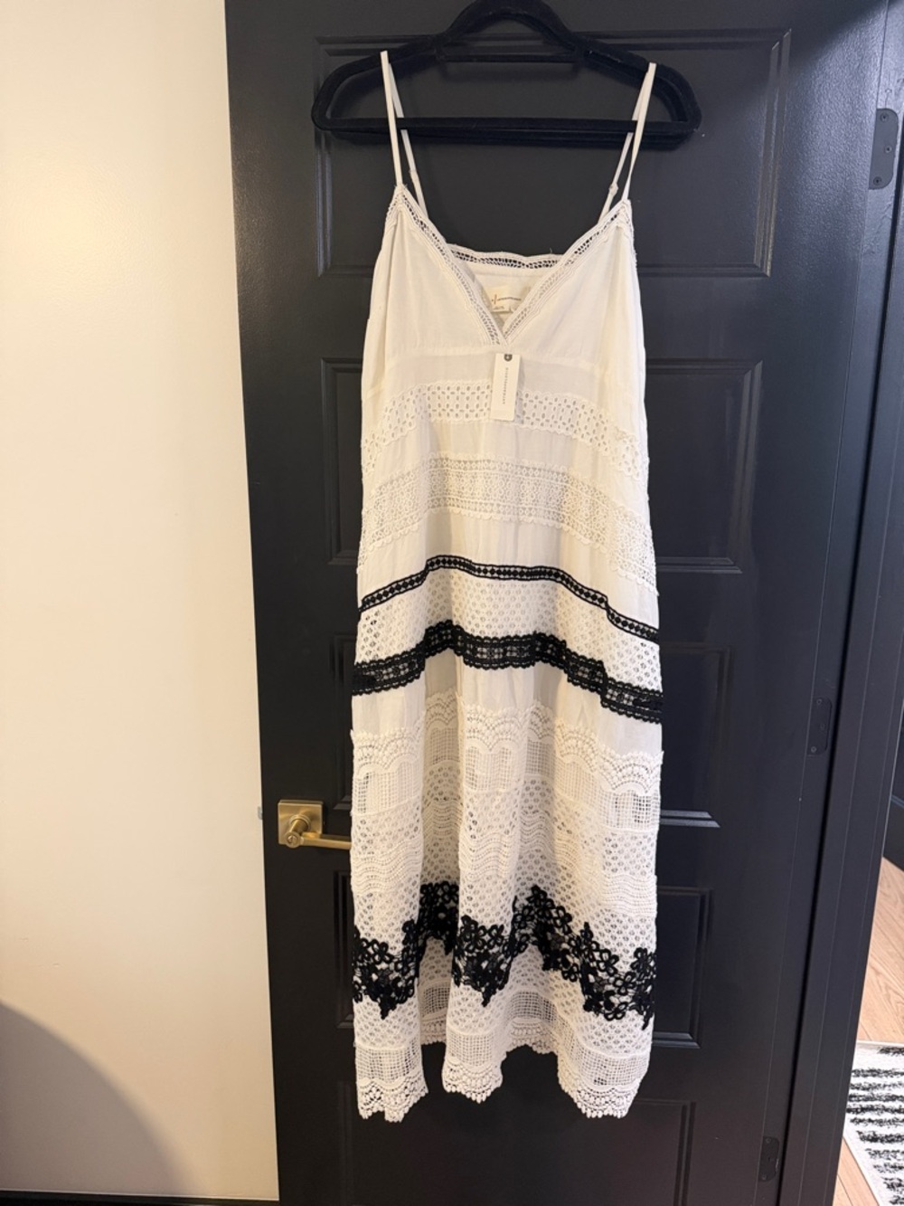 Anthropologie White Dress with Black Lace Stripes